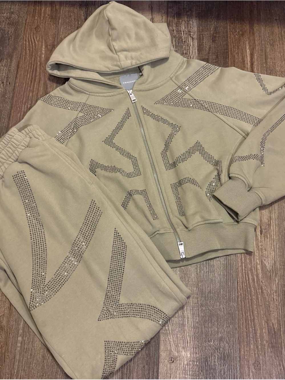 Embellished Olive Zip Hoodie & Jogger Jumpsuit Set - Picture 2 of 8